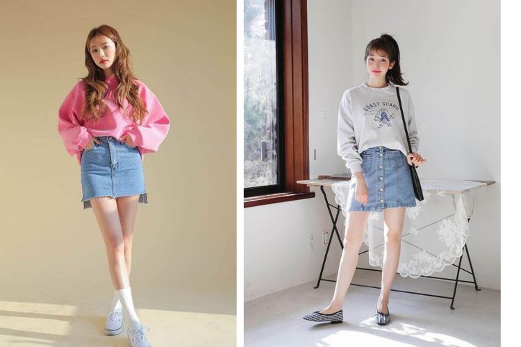 áo sweater kết hợp chân váy jean